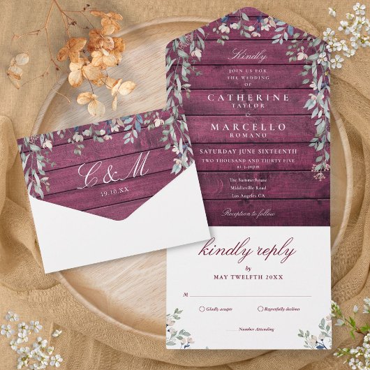 Burgundy Barn Wood Floral Greenery Cascade Wedding All In One Uitnodiging