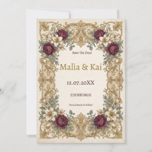 Burgundy Barok Bloemstuk Save the Date Kaart