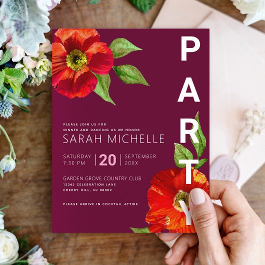 Burgundy Bat Mitzvah Floral Waterverf Bold Modern Informatiekaartje