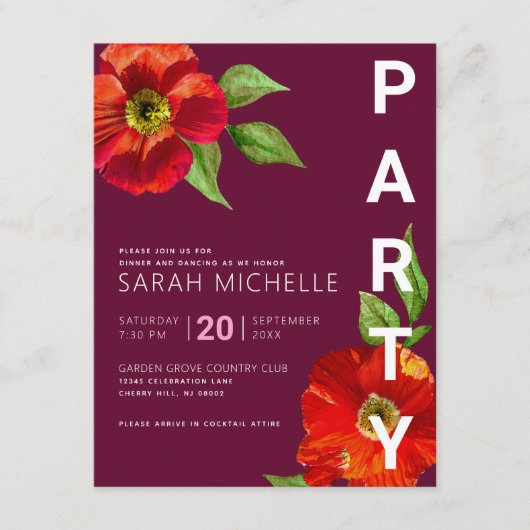 Burgundy Bat Mitzvah Floral Waterverf Bold Modern Informatiekaartje (Voorkant)