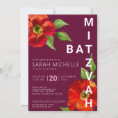 Burgundy Bat Mitzvah Floral Waterverf Bold Modern Kaart (Voorkant)