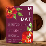 Burgundy Bat Mitzvah Floral Waterverf Bold Modern Kaart<br><div class="desc">Wees trots, blij en toon deze mijlpaal van je favoriete Bat Mitzvah met deze geavanceerde, persoonlijke uitnodiging! Een verbluffende, bloedige waterverf met een modern san serif-type bedekt de achtergrond van een schotwond. Pas de douanetekst met de naam, de datum, en de plaatsinformatie van uw Bat Mitzvah aan. Gegarandeerd om een...</div>