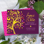 Burgundy Bat Mitzvah Gold Pink Folie Tree of Life Save The Date<br><div class="desc">Zorg ervoor dat al je vrienden en familieleden de mijlpaal van je dochter Bat Mitzvah kunnen vieren! Verstuur deze verbluffende, grafische faux gouden folie-boom met dunne roze, oranje en rode ster van David en puntige "bladeren" op een rijke paarse achtergrond, gepersonaliseerd "Save the Date"-publicatiekaart. Een kleine, donkerrode ster van David-patroon...</div>