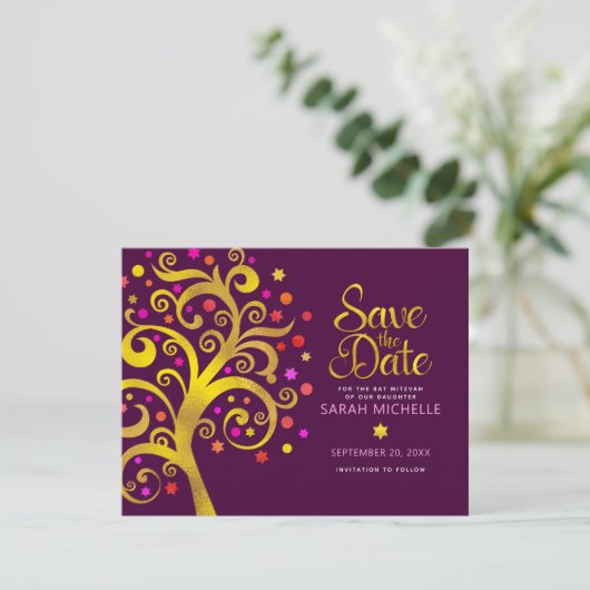 Burgundy Bat Mitzvah Gold Pink Folie Tree of Life Save The Date (Staand voorkant)