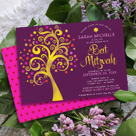 Burgundy Bat Mitzvah Modern Gold Foil Tree of Life Kaart