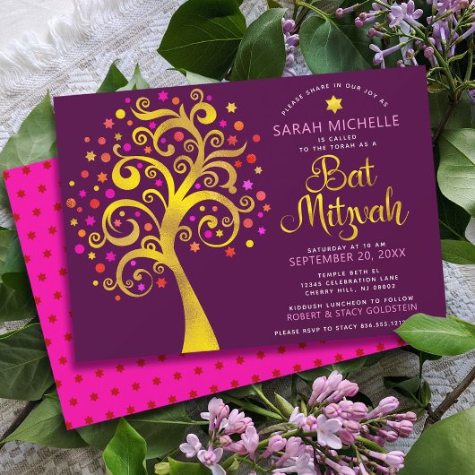 Burgundy Bat Mitzvah Modern Gold Foil Tree of Life Kaart