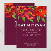 Burgundy Bat Mitzvah Modern Waterverf Floral Kaart (Voorkant / Achterkant)