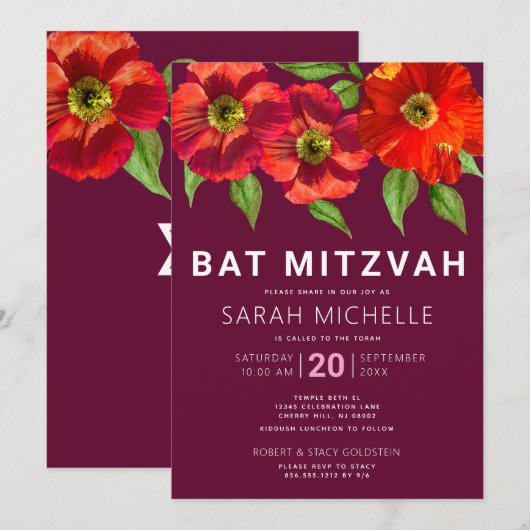 Burgundy Bat Mitzvah Modern Waterverf Floral Kaart (Voorkant / Achterkant)
