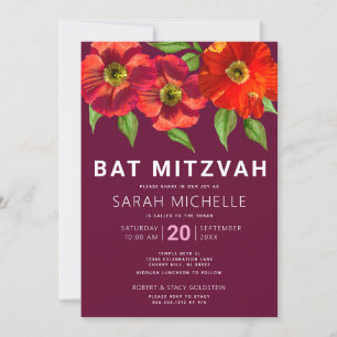 Burgundy Bat Mitzvah Modern Waterverf Floral Kaart