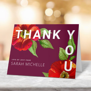 Burgundy Bat Mitzvah Red Floral Waterverf Modern Bedankkaart