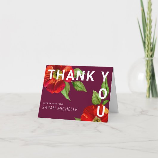 Burgundy Bat Mitzvah Red Floral Waterverf Modern Bedankkaart (Voorkant)