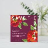 Burgundy Bat Mitzvah Red Floral Waterverf Modern Save The Date (Staand voorkant)