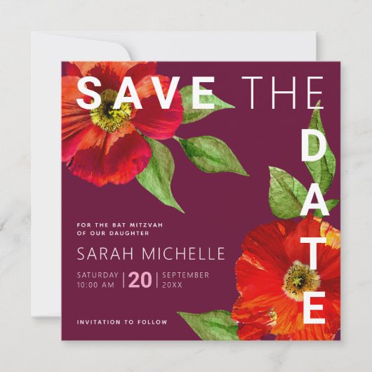 Burgundy Bat Mitzvah Red Floral Waterverf Modern Save The Date (Voorkant)