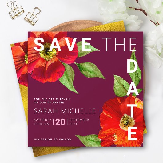 Burgundy Bat Mitzvah Red Floral Waterverf Modern Save The Date