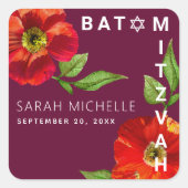 Burgundy Bat Mitzvah Red Floral Waterverf Modern Vierkante Sticker (Voorkant)
