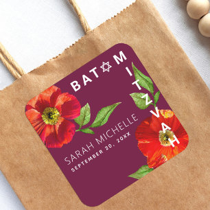 Burgundy Bat Mitzvah Red Floral Waterverf Modern Vierkante Sticker