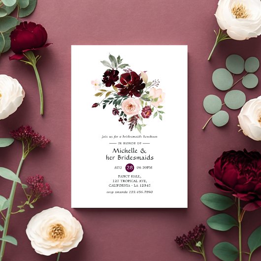 Burgundy Berry & Blush Floral Bridesmaids Luncheon Kaart