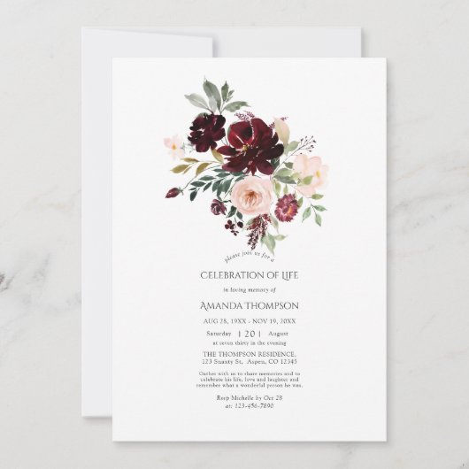 Burgundy Berry & Blush Floral Celebration of Life Kaart (Voorkant)