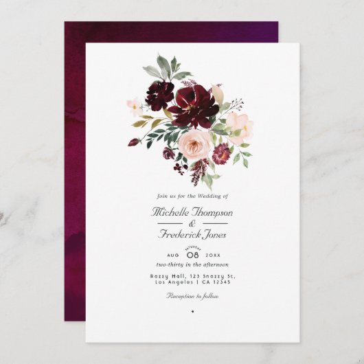 Burgundy Berry & Blush Floral QR Code RSVP Weddens Kaart (Voorkant / Achterkant)