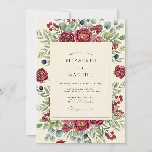Burgundy Berry Botanical Wedding Kaart (Voorkant)