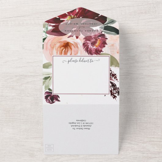 Burgundy Berry en Blush Floral All In One Uitnodiging (Buitenkant)