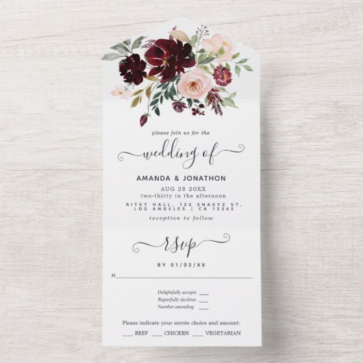 Burgundy Berry en Blush Floral All In One Uitnodiging (Binnen)