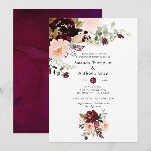 Burgundy Berry en Blush Floral Engagement Party Kaart (Voorkant / Achterkant)
