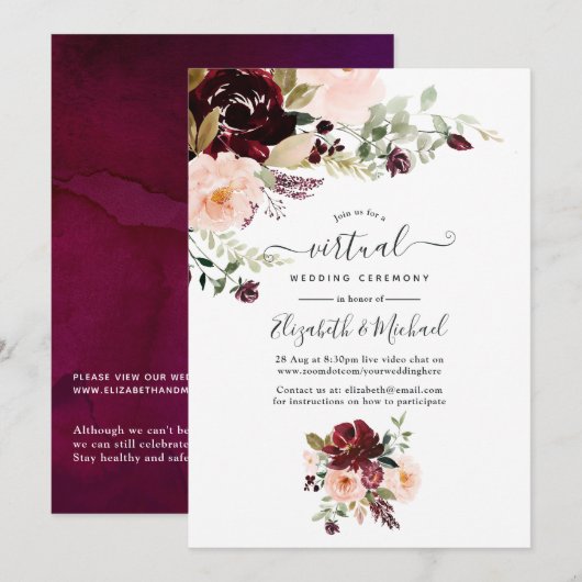 Burgundy Berry en Blush Floral Virtual Wedding Kaart (Voorkant / Achterkant)