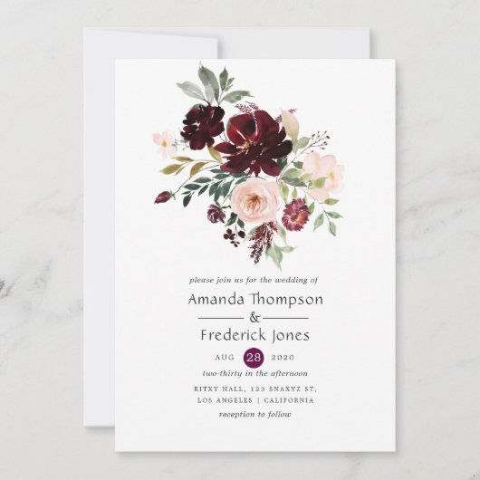Burgundy Berry en Blush Floral Wedding Kaart (Voorkant)