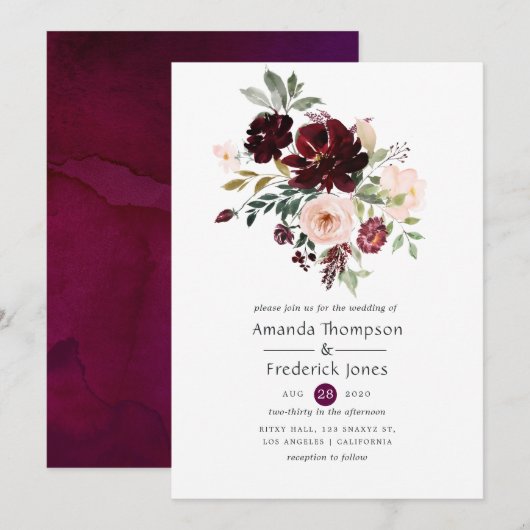 Burgundy Berry en Blush Floral Wedding Kaart (Voorkant / Achterkant)