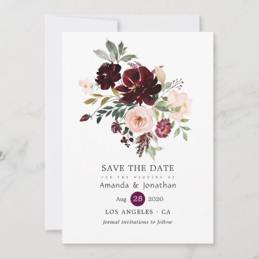 Burgundy Berry en Blush Floral Wedding Save The Date (Voorkant)