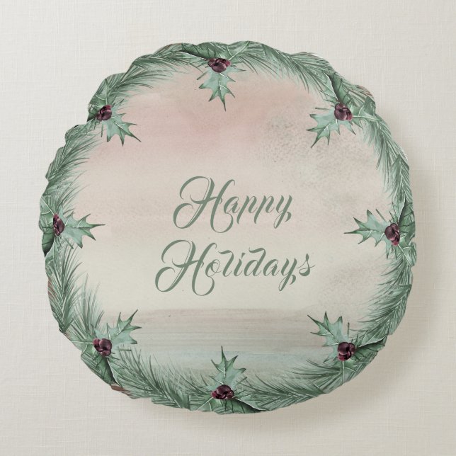 Burgundy Berry Holly Pine Christmas Round Pillow Rond Kussen (Voorkant)