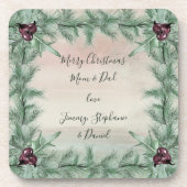 Burgundy Berry Holly Pine Kerstmis Bier Onderzetter (Voorkant)