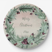 Burgundy Berry Holly Pine Kerstmis Papieren Bordje (Voorkant)
