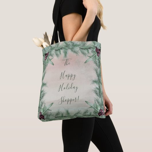 Burgundy Berry Holly Pine Kerstmis Tote Bag (Dichtbij)