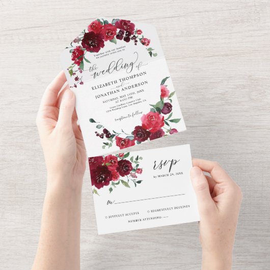 Burgundy Berry Pink Marsala Wedding Details RSVP All In One Uitnodiging (Afscheurbaar)