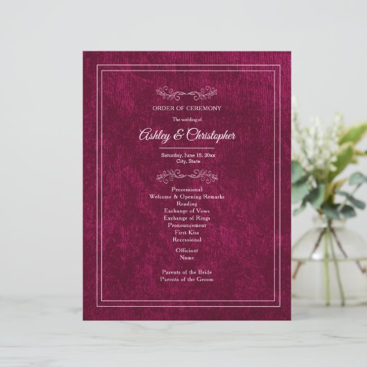 Burgundy Berry Velvet White Wedding Program (Staand voorkant)