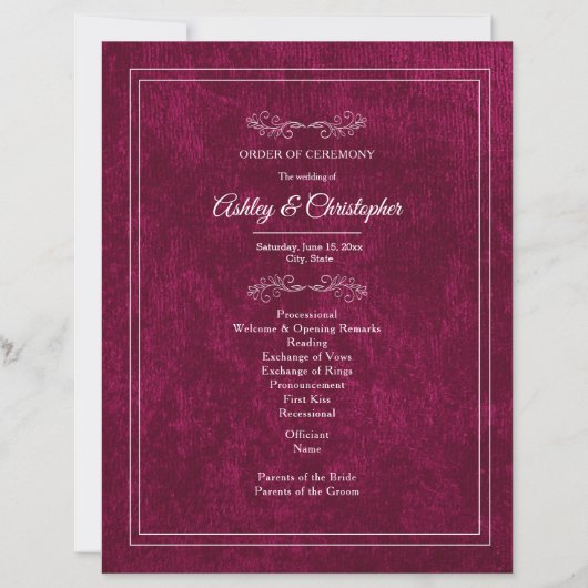 Burgundy Berry Velvet White Wedding Program (Voorkant)