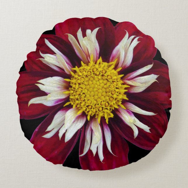 Burgundy Bev Dahlia Rond Kussen (Voorkant)