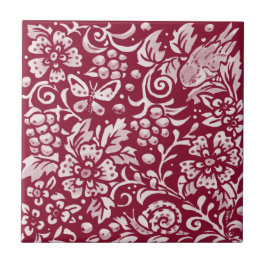 Burgundy Bird Butterfly Snail Berry Forest Floral Tegeltje