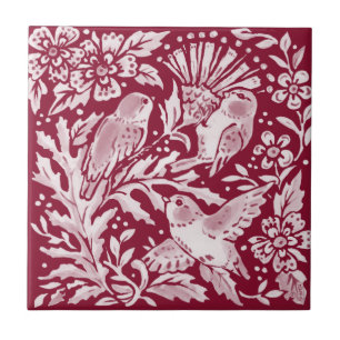 Burgundy Birds Thistle Floral Woodland Tegeltje