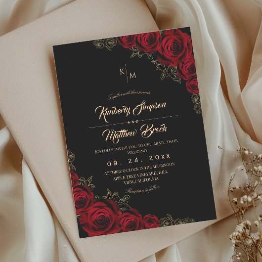 Burgundy Black and Gold Rose Floral Boho Wedding Kaart