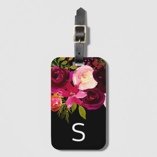 Burgundy Black Floral Monogram Bagagelabel (Voorkant (verticaal))