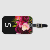 Burgundy Black Floral Monogram Bagagelabel (Voorkant (horizontaal))