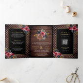 Burgundy Black Floral Roses Rustic Wood Wedding Drieluik Uitnodiging (Binnen)