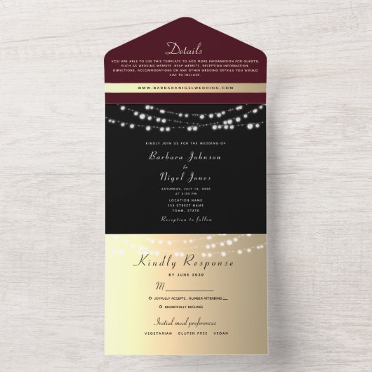 Burgundy Black Gold String Lights Wedding All In One Uitnodiging (Binnen)