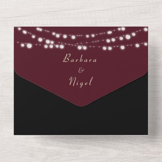 Burgundy Black Gold String Lights Wedding All In One Uitnodiging (Achterkant)
