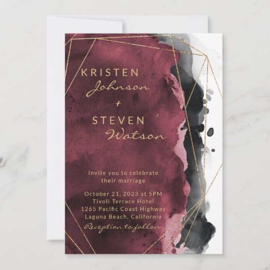 Burgundy Black & Gold Wedding Invitation Kaart (Voorkant)