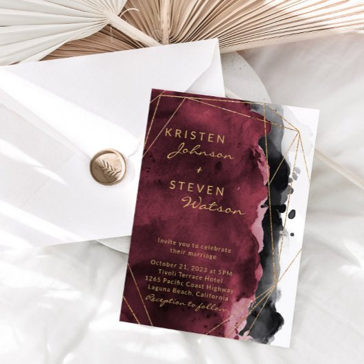 Burgundy Black & Gold Wedding Invitation Kaart
