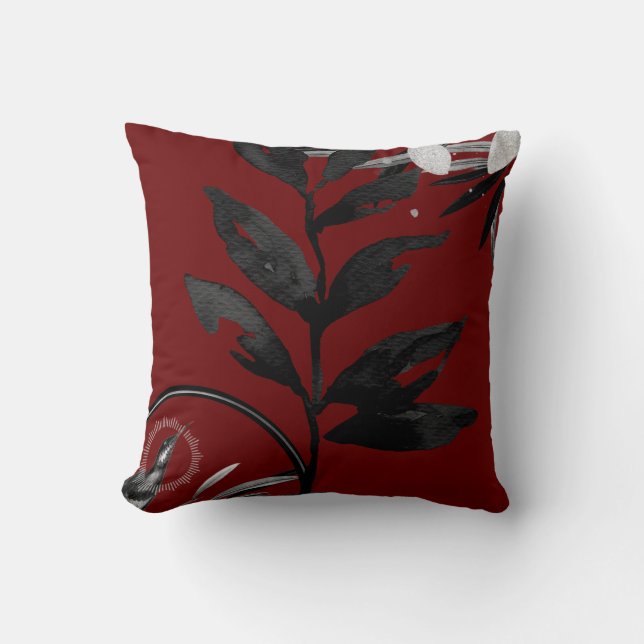 Burgundy Black & Grey Artistic Waterverf Leaves Kussen (Voorkant)